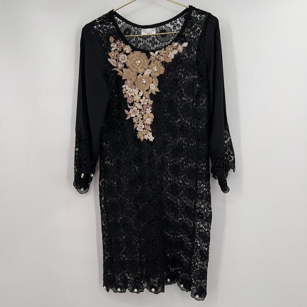 Cotton Ginny Black Lace Cocktail Dress M with Floral Applique & Pearl Detail